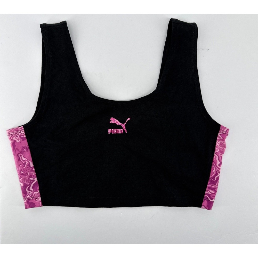 Puma Hypnotize T7 Bralette Black Pink Marble Logo Crop Top 536860-01 Small